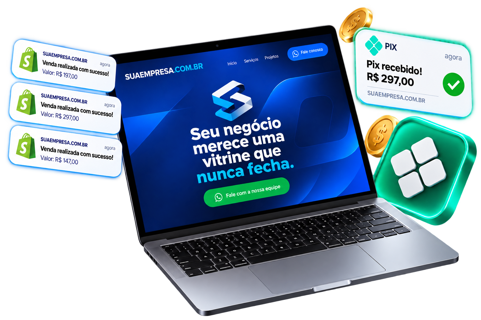 Notebook exibindo um site profissional com vendas e Pix recebidos em tempo real